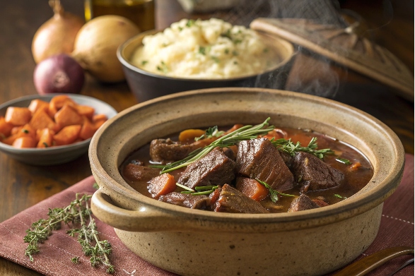 A hearty and tender beef heart dish slow-cooked in a crock pot, served with a rich, flavorful broth and aromatic herbs, accompanied by mashed potatoes and roasted vegetables.