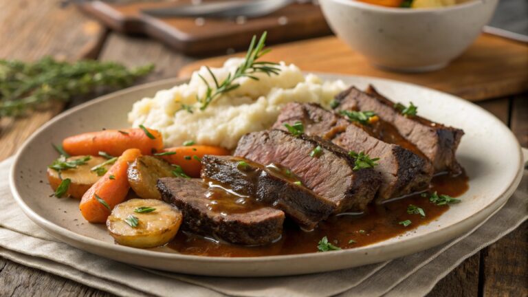 Tender, slow-cooked beef heart slices served with a rich sauce, garnished with fresh herbs and paired with roasted vegetables on a rustic plate. A comforting and delicious homemade meal.