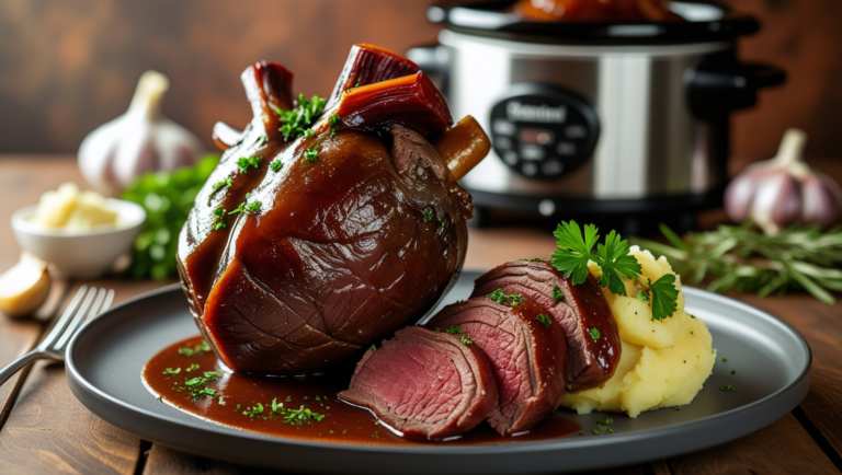 A beautifully plated slow-cooked beef heart, whole and sliced, drizzled with a rich sauce, garnished with fresh parsley, and served with mashed potatoes and roasted vegetables.