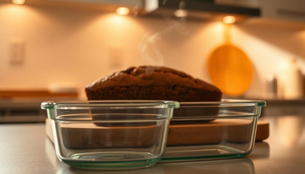 A beautifully lit kitchen counter, with a fresh-baked banana bread loaf resting on a wooden cutting board. Warm, golden hues from the overhead lighting cast a cozy glow. In the foreground, a glass food storage container with an airtight lid sits nearby, ready to preserve the moist, fragrant bread. Delicate wisps of steam rise from the loaf, hinting at its irresistible texture. The background features a clean, minimalist aesthetic, allowing the star of the scene - the perfectly stored banana bread - to shine. A serene, inviting atmosphere that captures the essence of "Storing and Serving Your Banana Bread". A beautifully lit kitchen counter, with a fresh-baked banana bread loaf resting on a wooden cutting board. Warm, golden hues from the overhead lighting cast a cozy glow. In the foreground, a glass food storage container with an airtight lid sits nearby, ready to preserve the moist, fragrant bread. Delicate wisps of steam rise from the loaf, hinting at its irresistible texture. The background features a clean, minimalist aesthetic, allowing the star of the scene - the perfectly stored banana bread - to shine. A serene, inviting atmosphere that captures the essence of "Storing and Serving Your Banana Bread".