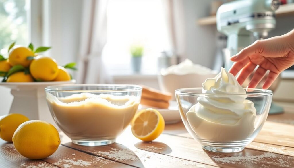 A bright and airy kitchen setting, sunlight streaming through a window, illuminating a wooden table where a lemon cake is being carefully prepared. In the foreground, fresh lemons and a mixing bowl filled with a smooth, creamy batter. Nearby, a hand gently folds in ingredients, while in the middle ground, a glass bowl of whipped cream cheese frosting awaits its addition to the cake. Subtle details like a flour-dusted surface and a vintage stand mixer in the background complete the cozy, inviting scene, capturing the essence of the step-by-step baking process. A bright and airy kitchen setting, sunlight streaming through a window, illuminating a wooden table where a lemon cake is being carefully prepared. In the foreground, fresh lemons and a mixing bowl filled with a smooth, creamy batter. Nearby, a hand gently folds in ingredients, while in the middle ground, a glass bowl of whipped cream cheese frosting awaits its addition to the cake. Subtle details like a flour-dusted surface and a vintage stand mixer in the background complete the cozy, inviting scene, capturing the essence of the step-by-step baking process.