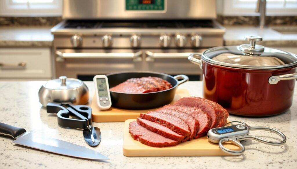 A bright, well-lit kitchen counter showcases the essential tools for cooking corned beef at home. In the foreground, a sharp butcher's knife, a meat tenderizer, and a pair of sturdy kitchen shears stand ready. Beside them, a heavy-duty cast-iron skillet and a large pot with a tight-fitting lid suggest the methods of searing and simmering. In the middle ground, a digital meat thermometer and a corned beef brisket resting on a cutting board hint at the careful monitoring required for this flavorful dish. The background features a stainless steel range, gleaming with chrome accents, and a window that lets in natural light, creating a warm, inviting atmosphere for the culinary task at hand.
