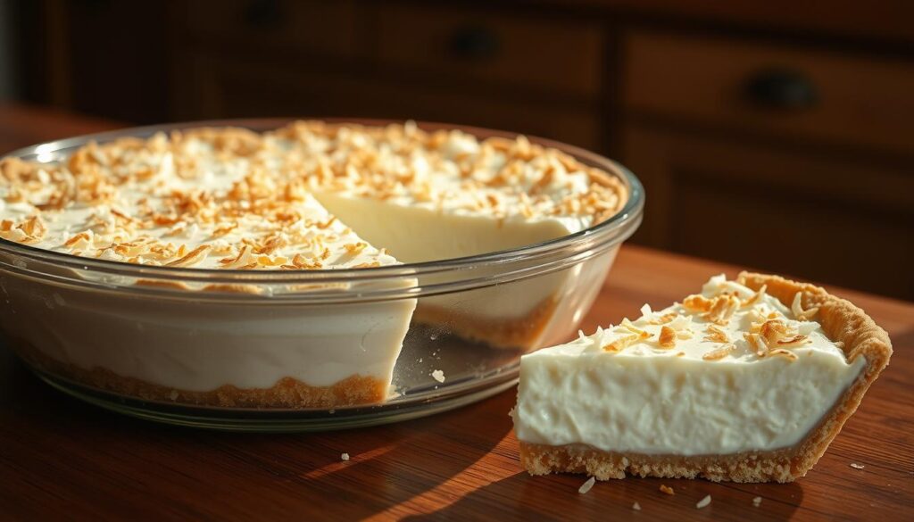 A chilled glass pie dish filled with creamy, luscious coconut custard, dusted with a light layer of toasted coconut flakes. The pie sits on a wooden table, casting a soft, ambient shadow in the warm, golden light of the kitchen. Condensation glistens on the glass, hinting at the cool, refreshing texture within. Nearby, a sliced wedge of the pie showcases its distinct layered structure - a crumbly, buttery crust supporting the rich, velvety filling. The overall scene exudes a sense of tranquility and indulgence, inviting the viewer to savor the chilled, decadent coconut cream pie. A chilled glass pie dish filled with creamy, luscious coconut custard, dusted with a light layer of toasted coconut flakes. The pie sits on a wooden table, casting a soft, ambient shadow in the warm, golden light of the kitchen. Condensation glistens on the glass, hinting at the cool, refreshing texture within. Nearby, a sliced wedge of the pie showcases its distinct layered structure - a crumbly, buttery crust supporting the rich, velvety filling. The overall scene exudes a sense of tranquility and indulgence, inviting the viewer to savor the chilled, decadent coconut cream pie.