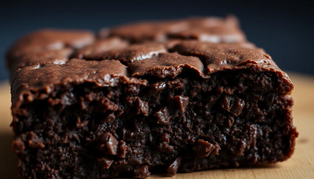 A close-up view of a freshly baked, moist and fudgy brownie with a crinkly, paper-thin crust on top. The brownie is cut in half, revealing its rich, chocolatey interior. The lighting is soft and diffused, creating gentle shadows that accentuate the textural details. The edges are slightly crisp, while the center remains dense and gooey. The overall composition is simple and minimalistic, allowing the brownie to be the sole focus of the image. The mood is cozy and inviting, evoking a sense of indulgence and homemade comfort. A close-up view of a freshly baked, moist and fudgy brownie with a crinkly, paper-thin crust on top. The brownie is cut in half, revealing its rich, chocolatey interior. The lighting is soft and diffused, creating gentle shadows that accentuate the textural details. The edges are slightly crisp, while the center remains dense and gooey. The overall composition is simple and minimalistic, allowing the brownie to be the sole focus of the image. The mood is cozy and inviting, evoking a sense of indulgence and homemade comfort.