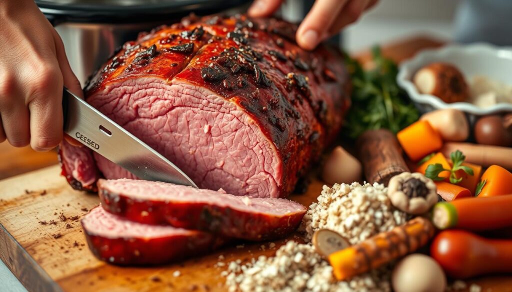 A closeup shot of a beautifully seared corned beef brisket, fresh out of a slow cooker, its rich mahogany-colored exterior glistening under warm, diffused lighting. In the foreground, a chef's expert hands carefully slice the tender meat, revealing its juicy, pink interior. In the middle ground, an array of aromatic spices, herbs, and vegetables used to season the brisket during its long, low-and-slow cooking process. The background is softly blurred, creating a sense of focus and emphasis on the delicate preparation. The overall scene evokes a comforting, homemade atmosphere, inviting the viewer to imagine the mouthwatering flavors and aromas of a perfectly cooked corned beef dish.