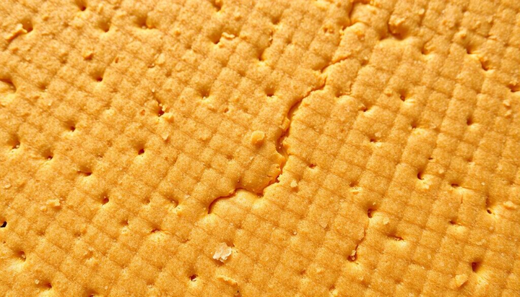 A crisp, golden-brown graham cracker crust fills the frame, the surface subtly textured with fine lines and crumbs. Soft shadows accentuate the three-dimensional quality, creating a sense of depth and solidity. Warm, diffused lighting from above casts a gentle glow, highlighting the crust's delicate structure and nooks. The image conveys a sense of wholesome, homemade appeal, inviting the viewer to imagine the smooth, creamy filling that will soon top this sturdy foundation.