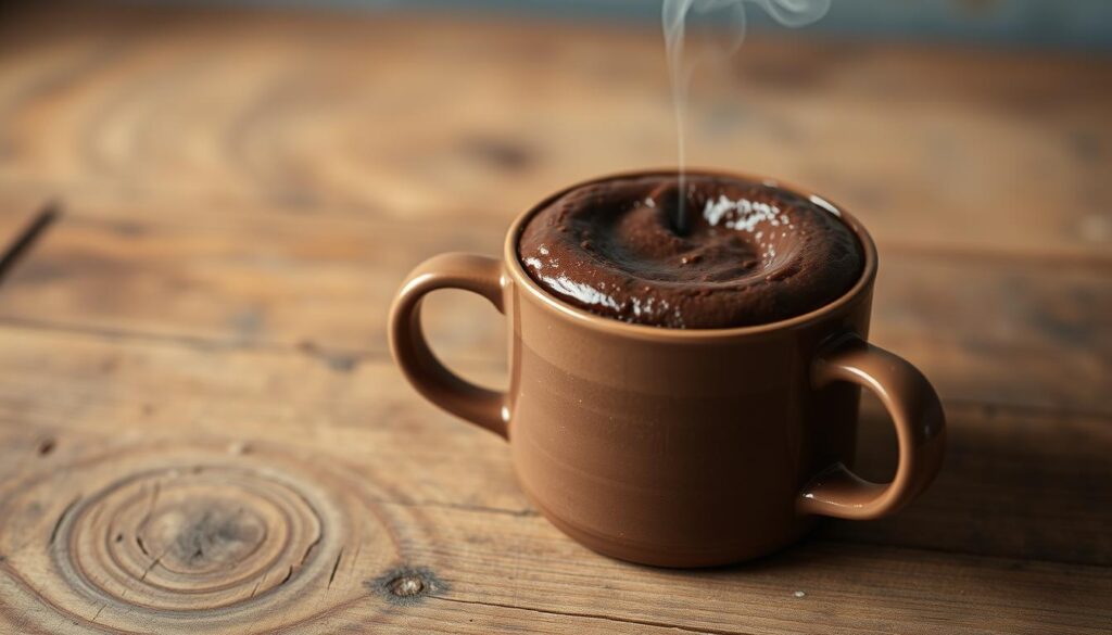 A delectable chocolate mug cake, freshly baked and steaming hot, sits on a rustic wooden table. Its rich, dark chocolate surface glistens under the warm, soft lighting, inviting a delightful taste. Delicate wisps of steam curl upward, hinting at the moist and decadent texture within. The mug's simple, classic design complements the homemade aesthetic, creating a cozy and comforting scene. Crisp shadows and highlights accentuate the cake's inviting form, making it the undisputed focal point. This indulgent treat, ready in under 2 minutes, promises to satisfy any chocolate craving with ease. A delectable chocolate mug cake, freshly baked and steaming hot, sits on a rustic wooden table. Its rich, dark chocolate surface glistens under the warm, soft lighting, inviting a delightful taste. Delicate wisps of steam curl upward, hinting at the moist and decadent texture within. The mug's simple, classic design complements the homemade aesthetic, creating a cozy and comforting scene. Crisp shadows and highlights accentuate the cake's inviting form, making it the undisputed focal point. This indulgent treat, ready in under 2 minutes, promises to satisfy any chocolate craving with ease.
