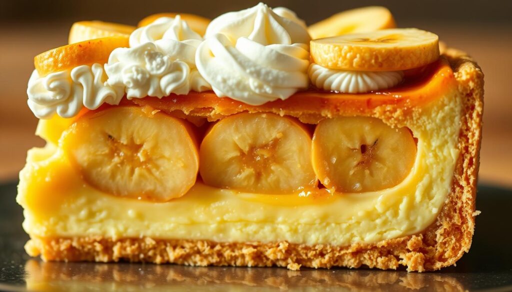 A delectable cross-section of a freshly baked banana cream pie, showcasing its luscious layers. In the foreground, a thick, creamy custard base with a golden-brown caramelized top, punctuated by slices of ripe, sweet bananas. The middle layer features a fluffy, cloud-like whipped cream, meticulously piped into intricate swirls. Beneath, a buttery, golden-brown crust forms the foundation, glistening under warm, directional lighting that casts soft shadows, emphasizing the depth and texture of each component. The overall composition evokes a sense of indulgence and craftsmanship, inviting the viewer to savor the masterful layering of flavors and textures that make this banana cream pie a true culinary delight.