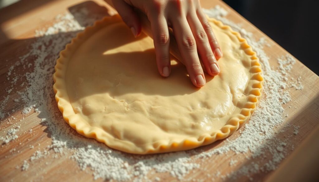 A delicate hand carefully rolls out a golden, flaky pie crust on a lightly floured wooden surface. The dough gently yields to the rolling pin, revealing its supple texture. Soft shadows play across the crust's surface, highlighting the intricate patterns created by the meticulous rolling motion. The scene is bathed in warm, diffused light, creating a cozy, homey atmosphere. The rolling process is captured from a slightly elevated angle, allowing the viewer to fully appreciate the technique and attention to detail involved in crafting the perfect pie crust.