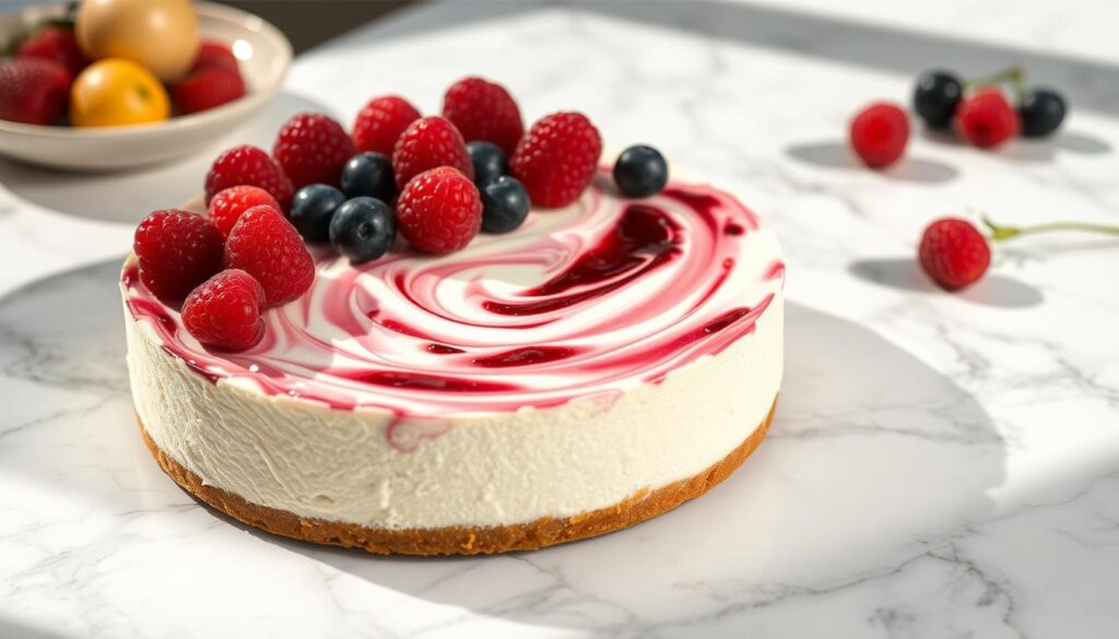 A delightful no-bake cheesecake nestled on a marble tabletop, the creamy filling gently swirled and crowned with a layer of fresh seasonal berries, perhaps raspberries or blueberries, their vibrant colors providing a striking contrast. The dessert is bathed in soft, diffused natural lighting, casting subtle shadows and highlights that accentuate the smooth, velvety texture of the filling. The overall composition exudes a sense of effortless elegance, inviting the viewer to imagine the satisfying creaminess and refreshing sweetness of each bite. A delightful no-bake cheesecake nestled on a marble tabletop, the creamy filling gently swirled and crowned with a layer of fresh seasonal berries, perhaps raspberries or blueberries, their vibrant colors providing a striking contrast. The dessert is bathed in soft, diffused natural lighting, casting subtle shadows and highlights that accentuate the smooth, velvety texture of the filling. The overall composition exudes a sense of effortless elegance, inviting the viewer to imagine the satisfying creaminess and refreshing sweetness of each bite.
