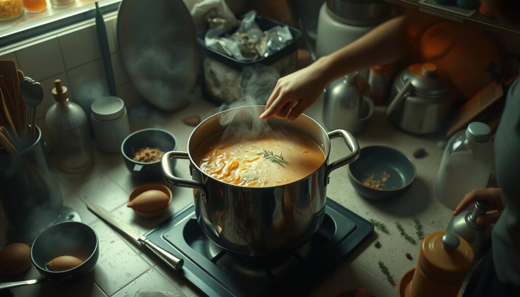 A dimly lit kitchen countertop, with various kitchen tools and ingredients scattered around. In the center, a large pot of steaming chicken pastina soup, with a chef's hand reaching in to inspect the consistency. The surroundings are hazy, with a warm, cozy atmosphere, evoking a sense of problem-solving and culinary exploration. The lighting is soft, with a mix of natural and artificial sources, creating subtle shadows and highlights that accentuate the textures of the objects. The camera angle is slightly elevated, providing a bird's-eye view of the scene, allowing the viewer to observe the chef's troubleshooting process.