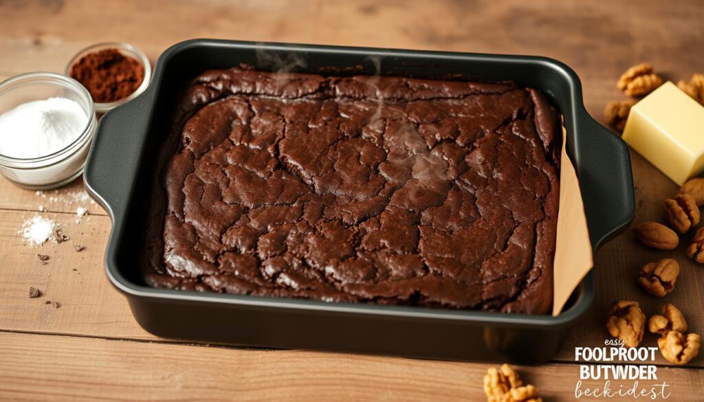 A freshly baked pan of rich, fudgy brownies sits on a rustic wooden table, steam gently rising from the surface. The brownies have a deep, dark chocolate hue and a crackly top that gives way to a dense, moist interior. Arranged around the pan are a few simple ingredients - cocoa powder, butter, sugar, and a handful of walnuts. Soft, indirect lighting illuminates the scene, creating warm shadows and highlights that accentuate the brownies' enticing texture. The overall composition has a homey, inviting atmosphere, perfectly capturing the essence of an easy, foolproof brownie recipe. A freshly baked pan of rich, fudgy brownies sits on a rustic wooden table, steam gently rising from the surface. The brownies have a deep, dark chocolate hue and a crackly top that gives way to a dense, moist interior. Arranged around the pan are a few simple ingredients - cocoa powder, butter, sugar, and a handful of walnuts. Soft, indirect lighting illuminates the scene, creating warm shadows and highlights that accentuate the brownies' enticing texture. The overall composition has a homey, inviting atmosphere, perfectly capturing the essence of an easy, foolproof brownie recipe.