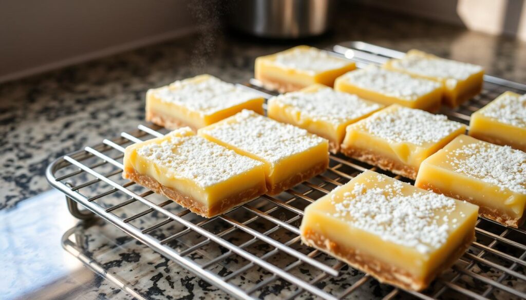 A glistening silver cooling rack sits atop a granite kitchen counter, supporting several freshly baked lemon bars. The bars are still warm, emitting a tantalizing citrus aroma as they slowly cool. Delicate streams of condensation form on the surface, indicating the temperature difference between the bars and the surrounding air. Soft, natural lighting from a nearby window casts a gentle glow, highlighting the vibrant yellow hue of the lemon custard and the powdery white dusting of confectioner's sugar. The overall scene conveys a sense of calm, tranquil anticipation as the lemon bars reach the perfect temperature for slicing and serving. A glistening silver cooling rack sits atop a granite kitchen counter, supporting several freshly baked lemon bars. The bars are still warm, emitting a tantalizing citrus aroma as they slowly cool. Delicate streams of condensation form on the surface, indicating the temperature difference between the bars and the surrounding air. Soft, natural lighting from a nearby window casts a gentle glow, highlighting the vibrant yellow hue of the lemon custard and the powdery white dusting of confectioner's sugar. The overall scene conveys a sense of calm, tranquil anticipation as the lemon bars reach the perfect temperature for slicing and serving.