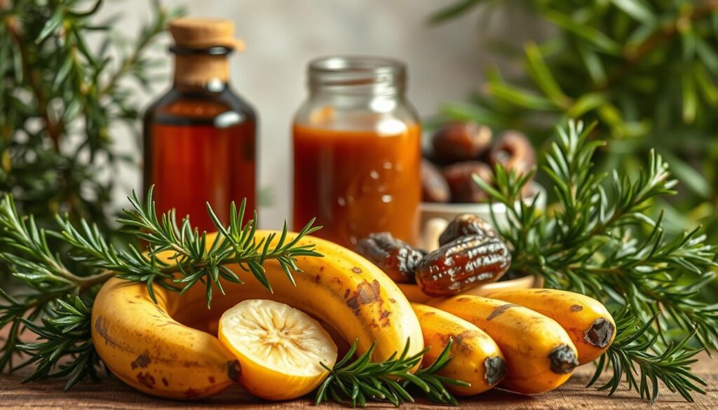 A lush, tropical still life showcasing the key ingredients for moist, flavorful banana bread. In the foreground, ripe bananas, their skins mottled with brown spots, are sliced open to reveal their soft, golden flesh. Surrounding them are vibrant sprigs of fresh rosemary, their aromatic leaves glistening with dew. In the middle ground, a jar of rich, honey-colored molasses stands tall, its viscous contents ready to lend sweetness and moisture. Behind, a small bowl overflows with plump, juicy dates, their wrinkled skin promising a chewy, caramelized texture. Soft, diffused lighting casts a warm, inviting glow across the scene, creating a cozy, homespun atmosphere. The overall composition is arranged with a keen eye for balance and visual interest, inviting the viewer to imagine the delicious, moist banana bread that could be crafted from these nourishing ingredients. A lush, tropical still life showcasing the key ingredients for moist, flavorful banana bread. In the foreground, ripe bananas, their skins mottled with brown spots, are sliced open to reveal their soft, golden flesh. Surrounding them are vibrant sprigs of fresh rosemary, their aromatic leaves glistening with dew. In the middle ground, a jar of rich, honey-colored molasses stands tall, its viscous contents ready to lend sweetness and moisture. Behind, a small bowl overflows with plump, juicy dates, their wrinkled skin promising a chewy, caramelized texture. Soft, diffused lighting casts a warm, inviting glow across the scene, creating a cozy, homespun atmosphere. The overall composition is arranged with a keen eye for balance and visual interest, inviting the viewer to imagine the delicious, moist banana bread that could be crafted from these nourishing ingredients.