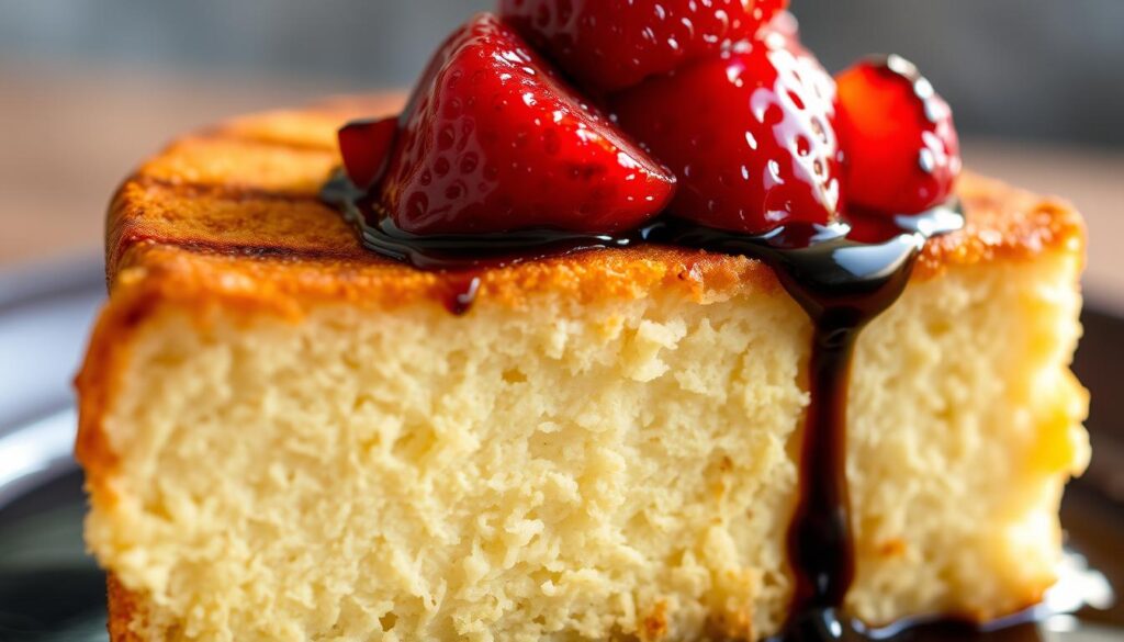 A mouth-watering close-up of a slice of grilled angel food cake, fresh off the grill. The golden-brown, caramelized exterior gives way to a soft, pillowy interior. Atop the cake, a vibrant red mound of balsamic-glazed strawberries, their natural sweetness enhanced by the tang of the balsamic vinegar. The lighting is warm and inviting, casting a soft glow on the dessert. The angle is slightly elevated, allowing the viewer to fully appreciate the layers of textures and flavors. The background is blurred, keeping the focus solely on the decadent grilled angel food cake with the glistening balsamic strawberries. A mouth-watering close-up of a slice of grilled angel food cake, fresh off the grill. The golden-brown, caramelized exterior gives way to a soft, pillowy interior. Atop the cake, a vibrant red mound of balsamic-glazed strawberries, their natural sweetness enhanced by the tang of the balsamic vinegar. The lighting is warm and inviting, casting a soft glow on the dessert. The angle is slightly elevated, allowing the viewer to fully appreciate the layers of textures and flavors. The background is blurred, keeping the focus solely on the decadent grilled angel food cake with the glistening balsamic strawberries.