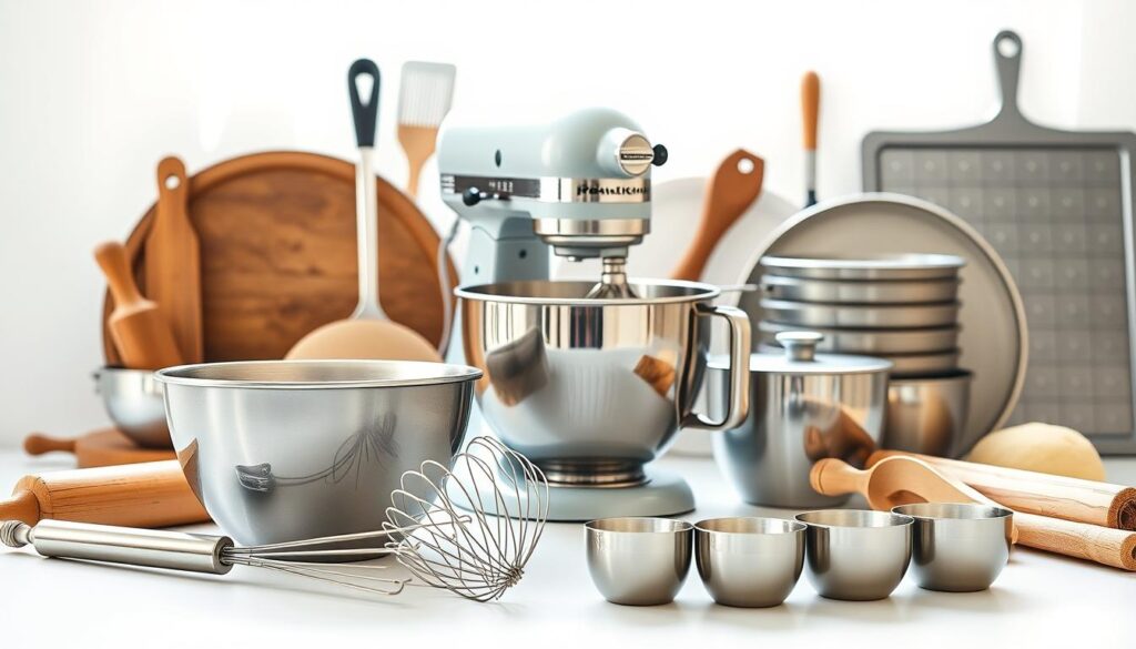 A neatly arranged assortment of baking equipment set against a clean white backdrop, softly illuminated by natural window light. In the foreground, a mixing bowl, whisk, and measuring cups in stainless steel, the surfaces gleaming. Behind them, a rolling pin, pastry brush, and a set of nesting bowls in various sizes. In the middle, a stand mixer with its gleaming metal attachments, ready to knead dough or whip cream. In the background, the silhouettes of other tools - a sifter, a spatula, and a baking sheet - hinting at the full range of equipment required for skilled baking. The scene conveys a sense of organization, precision, and the promise of delicious homemade creations. A neatly arranged assortment of baking equipment set against a clean white backdrop, softly illuminated by natural window light. In the foreground, a mixing bowl, whisk, and measuring cups in stainless steel, the surfaces gleaming. Behind them, a rolling pin, pastry brush, and a set of nesting bowls in various sizes. In the middle, a stand mixer with its gleaming metal attachments, ready to knead dough or whip cream. In the background, the silhouettes of other tools - a sifter, a spatula, and a baking sheet - hinting at the full range of equipment required for skilled baking. The scene conveys a sense of organization, precision, and the promise of delicious homemade creations.