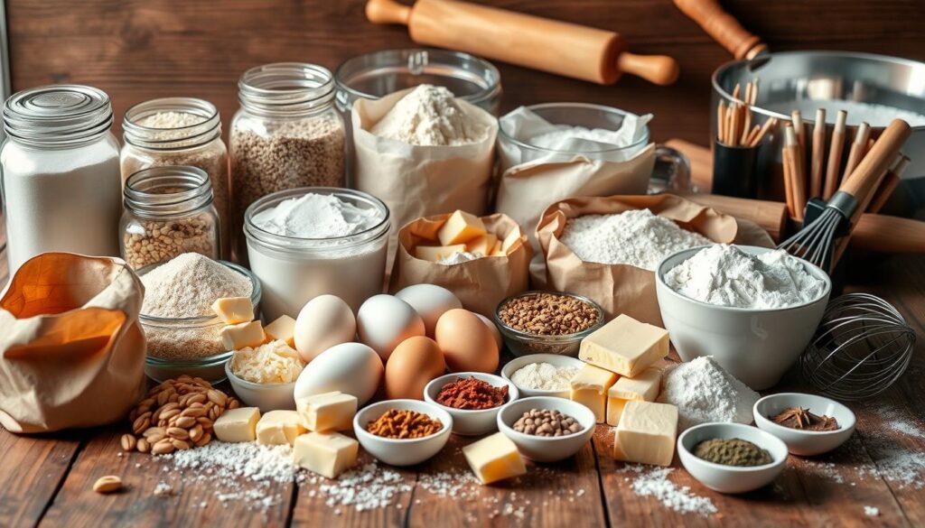A neatly arranged still life of essential baking ingredients on a rustic wooden surface, bathed in soft, natural lighting. In the foreground, a collection of various flours, grains, and sugars in glass jars and paper bags. In the middle ground, clusters of fresh eggs, sticks of butter, and a selection of spices in small bowls. In the background, a rolling pin, a wire whisk, and a mixing bowl, all conveying a sense of preparation and anticipation. The overall mood is warm, inviting, and evocative of the comforting act of baking.