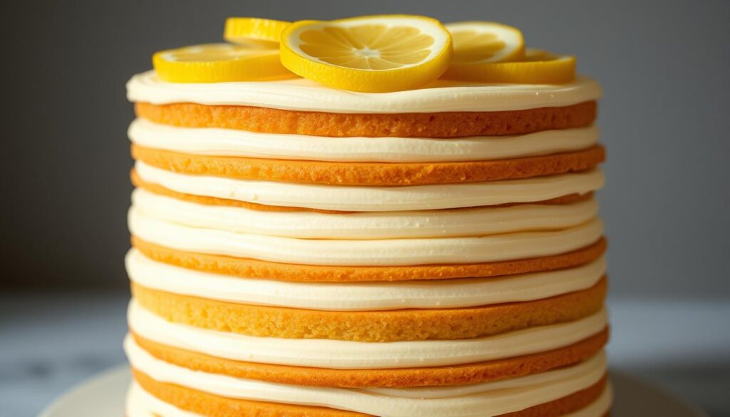 A neatly organized arrangement of freshly baked lemon cake layers, stacked with an even distribution of smooth and creamy lemon-infused cream cheese frosting between each layer. The top layer is adorned with thin lemon slices, creating a visually appealing and appetizing display. The lighting is soft and diffused, casting gentle shadows that accentuate the texture and depth of the cake. The camera angle is positioned slightly above, providing an elevated perspective that emphasizes the careful construction of this expertly crafted lemon cake. The overall mood is one of culinary excellence, inviting the viewer to imagine the delightful flavors and textures of this delectable dessert. A neatly organized arrangement of freshly baked lemon cake layers, stacked with an even distribution of smooth and creamy lemon-infused cream cheese frosting between each layer. The top layer is adorned with thin lemon slices, creating a visually appealing and appetizing display. The lighting is soft and diffused, casting gentle shadows that accentuate the texture and depth of the cake. The camera angle is positioned slightly above, providing an elevated perspective that emphasizes the careful construction of this expertly crafted lemon cake. The overall mood is one of culinary excellence, inviting the viewer to imagine the delightful flavors and textures of this delectable dessert.