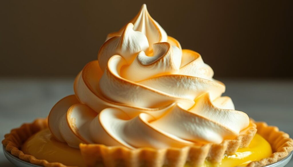 A perfectly shaped, towering meringue with a golden-brown, cloud-like exterior resting atop a smooth, gleaming lemon custard filling within a flaky, buttery pie crust. Soft, pillowy peaks cast dramatic shadows across the surface, creating a sense of depth and volume. The meringue is lit from above by warm, diffused lighting, accentuating its delicate, ethereal texture. The camera angle is slightly low, allowing the viewer to gaze up at the impressive height and magnificence of this classic dessert. The overall mood is one of elegance, indulgence, and the culmination of mastering a challenging culinary technique. A perfectly shaped, towering meringue with a golden-brown, cloud-like exterior resting atop a smooth, gleaming lemon custard filling within a flaky, buttery pie crust. Soft, pillowy peaks cast dramatic shadows across the surface, creating a sense of depth and volume. The meringue is lit from above by warm, diffused lighting, accentuating its delicate, ethereal texture. The camera angle is slightly low, allowing the viewer to gaze up at the impressive height and magnificence of this classic dessert. The overall mood is one of elegance, indulgence, and the culmination of mastering a challenging culinary technique.