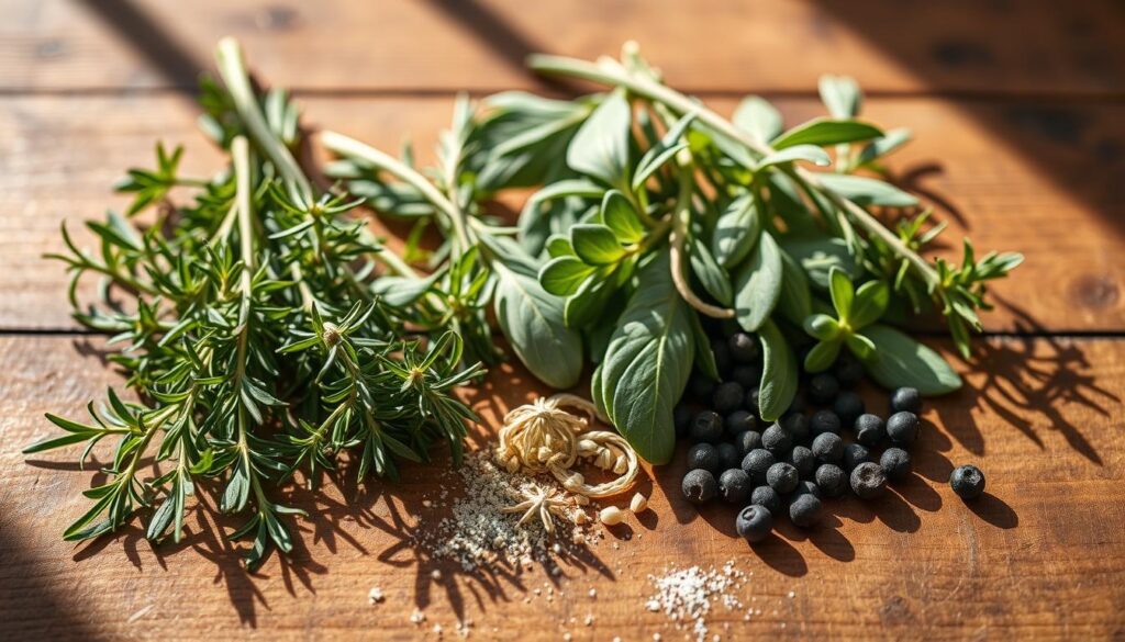 A rustic wooden table holds an assortment of fresh herbs and spices, including fragrant thyme, rosemary, sage, and black peppercorns. The ingredients are arranged in a visually appealing composition, casting soft shadows against the warm, natural lighting. The scene evokes the comforting aroma of homemade pot pie crust, with the herbs and spices ready to be incorporated into the dough for a flavorful, flaky pastry. The overall mood is inviting and reminiscent of a cozy kitchen, setting the stage for the delicious and aromatic baking process. A rustic wooden table holds an assortment of fresh herbs and spices, including fragrant thyme, rosemary, sage, and black peppercorns. The ingredients are arranged in a visually appealing composition, casting soft shadows against the warm, natural lighting. The scene evokes the comforting aroma of homemade pot pie crust, with the herbs and spices ready to be incorporated into the dough for a flavorful, flaky pastry. The overall mood is inviting and reminiscent of a cozy kitchen, setting the stage for the delicious and aromatic baking process.