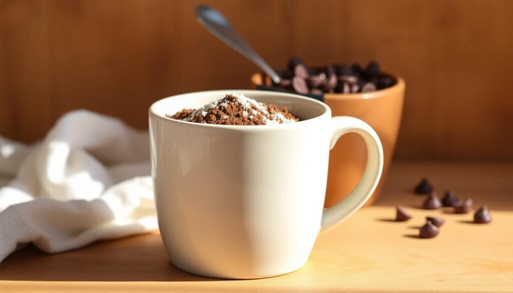 A simple, rustic still life of chocolate mug cake ingredients set against a warm, earthy background. In the foreground, a ceramic mug filled with cocoa powder, sugar, and all-purpose flour, arranged neatly. Behind it, a small bowl of chocolate chips and a spoon, conveying the effortless simplicity of the recipe. Soft, natural lighting casts gentle shadows, creating a cozy, inviting atmosphere. The overall composition is clean and uncluttered, emphasizing the uncomplicated nature of the ingredients required for this delightful dessert. A simple, rustic still life of chocolate mug cake ingredients set against a warm, earthy background. In the foreground, a ceramic mug filled with cocoa powder, sugar, and all-purpose flour, arranged neatly. Behind it, a small bowl of chocolate chips and a spoon, conveying the effortless simplicity of the recipe. Soft, natural lighting casts gentle shadows, creating a cozy, inviting atmosphere. The overall composition is clean and uncluttered, emphasizing the uncomplicated nature of the ingredients required for this delightful dessert.