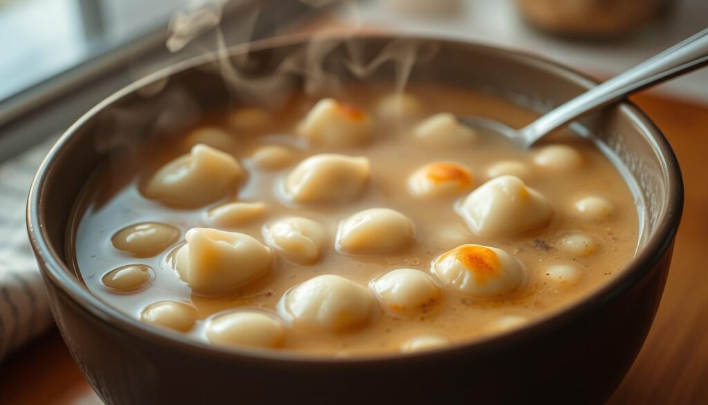 A steaming bowl of creamy pastina soup, the small pasta pearls swimming in a rich, velvety broth. Soft, pillowy dumplings float on the surface, their golden-brown tops glistening in the warm light. The soup's comforting aroma fills the air, inviting you to dive in with a spoon. Wisps of steam rise above the bowl, captured in a soft, diffused focus. The scene is photographed from a slightly elevated angle, highlighting the soup's inviting texture and highlighting the cozy, homey setting. This image perfectly captures the essence of a quick, satisfying meal with pastina soup - a moment of pure comfort and nourishment. A steaming bowl of creamy pastina soup, the small pasta pearls swimming in a rich, velvety broth. Soft, pillowy dumplings float on the surface, their golden-brown tops glistening in the warm light. The soup's comforting aroma fills the air, inviting you to dive in with a spoon. Wisps of steam rise above the bowl, captured in a soft, diffused focus. The scene is photographed from a slightly elevated angle, highlighting the soup's inviting texture and highlighting the cozy, homey setting. This image perfectly captures the essence of a quick, satisfying meal with pastina soup - a moment of pure comfort and nourishment.