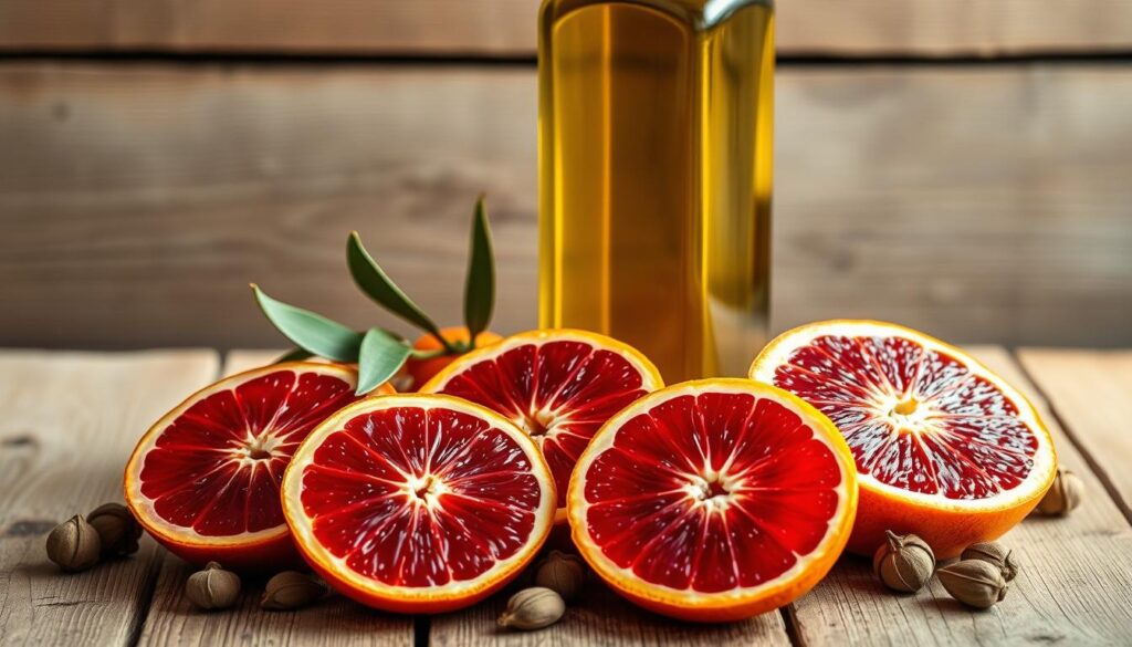 A vibrant still life of fresh blood oranges, whole cardamom pods, and a bottle of rich olive oil, arrayed on a rustic wooden table. The oranges are halved, revealing their deep crimson flesh, while the cardamom pods add a touch of earthy fragrance. The olive oil bottle casts a warm, golden glow, hinting at the richness to come. The composition is balanced and intentional, with the ingredients arranged in a visually appealing manner that evokes the decadence of the blood orange cardamom olive oil cake. Soft, natural lighting illuminates the scene, creating a cozy, inviting atmosphere. A vibrant still life of fresh blood oranges, whole cardamom pods, and a bottle of rich olive oil, arrayed on a rustic wooden table. The oranges are halved, revealing their deep crimson flesh, while the cardamom pods add a touch of earthy fragrance. The olive oil bottle casts a warm, golden glow, hinting at the richness to come. The composition is balanced and intentional, with the ingredients arranged in a visually appealing manner that evokes the decadence of the blood orange cardamom olive oil cake. Soft, natural lighting illuminates the scene, creating a cozy, inviting atmosphere.