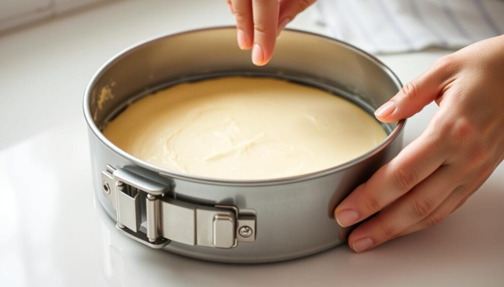 A well-lit, close-up image of a springform pan being prepared for baking a cheesecake. The pan is positioned on a clean, white kitchen counter, its shiny silver exterior reflecting the soft, natural lighting. The user's hands are shown carefully greasing the inside of the pan with a thin layer of butter or non-stick cooking spray, ensuring the cake will release cleanly after baking. The pan's latch is open, ready to be securely closed around the cake batter. The overall scene conveys a sense of precision, care, and attention to detail in properly preparing the pan, crucial for avoiding a mishap during the baking process.