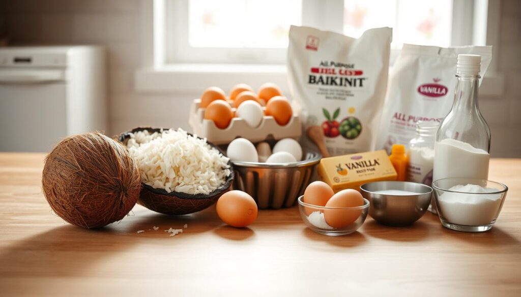 A well-lit kitchen counter with a light wooden surface. On the counter, an assortment of Easter-themed baking ingredients are neatly arranged: a fresh whole coconut, a bowl of shredded coconut, a carton of eggs, a stick of butter, a bag of all-purpose flour, a jar of vanilla extract, and a small bowl of sugar. The ingredients are bathed in soft, warm lighting, casting gentle shadows and highlights that accentuate their textures and colors. The overall composition is balanced and inviting, creating a sense of anticipation for the baking process to come. A well-lit kitchen counter with a light wooden surface. On the counter, an assortment of Easter-themed baking ingredients are neatly arranged: a fresh whole coconut, a bowl of shredded coconut, a carton of eggs, a stick of butter, a bag of all-purpose flour, a jar of vanilla extract, and a small bowl of sugar. The ingredients are bathed in soft, warm lighting, casting gentle shadows and highlights that accentuate their textures and colors. The overall composition is balanced and inviting, creating a sense of anticipation for the baking process to come.