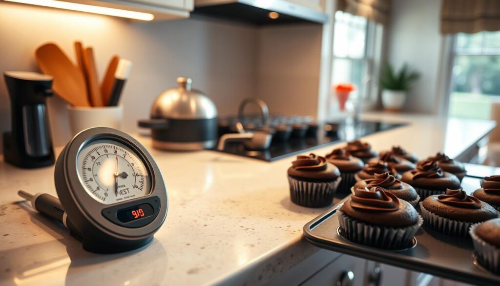 A well-lit kitchen counter with an assortment of baking equipment, including a digital oven thermometer, an analog dial thermometer, and a tray of freshly baked chocolate cupcakes. The countertop is made of smooth, light-colored granite, and the lighting is a combination of warm, soft overhead lighting and natural sunlight streaming in through a nearby window. The overall atmosphere is one of precision, control, and the perfect balance of temperature for the delicious baked goods. A well-lit kitchen counter with an assortment of baking equipment, including a digital oven thermometer, an analog dial thermometer, and a tray of freshly baked chocolate cupcakes. The countertop is made of smooth, light-colored granite, and the lighting is a combination of warm, soft overhead lighting and natural sunlight streaming in through a nearby window. The overall atmosphere is one of precision, control, and the perfect balance of temperature for the delicious baked goods.