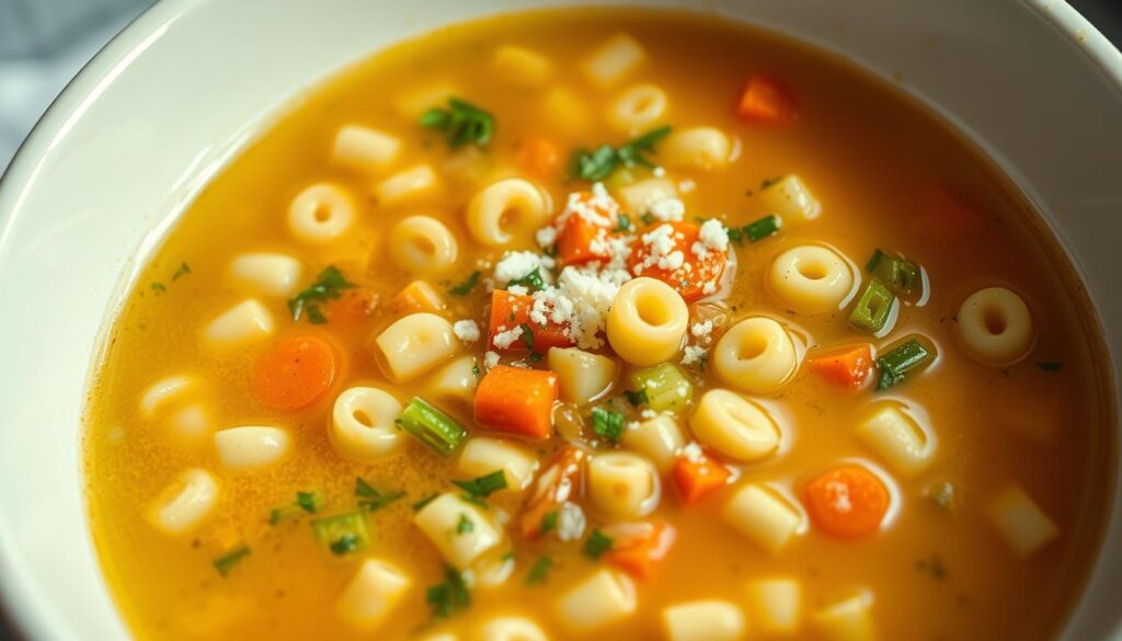 Appetizing homemade pastina soup, simmered to perfection in a modern kitchen. Bite-sized pasta noodles float in a golden, aromatic broth, accented with fresh herbs and delicate spices. Vibrant vegetables like carrots, celery, and onions add pops of color, while a sprinkle of Parmesan cheese elevates the dish. Soft lighting casts a warm glow, highlighting the soup's comforting texture. Served in a minimal, contemporary bowl, this updated take on a classic Italian comfort food invites you to savor each sip, blending tradition with a modern culinary sensibility. Appetizing homemade pastina soup, simmered to perfection in a modern kitchen. Bite-sized pasta noodles float in a golden, aromatic broth, accented with fresh herbs and delicate spices. Vibrant vegetables like carrots, celery, and onions add pops of color, while a sprinkle of Parmesan cheese elevates the dish. Soft lighting casts a warm glow, highlighting the soup's comforting texture. Served in a minimal, contemporary bowl, this updated take on a classic Italian comfort food invites you to savor each sip, blending tradition with a modern culinary sensibility.