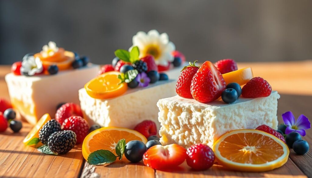 Delicate, fluffy angel food cake slices, adorned with an array of vibrant, seasonal fruits. The cakes are presented on a rustic wooden table, bathed in warm, natural lighting that accentuates their pillowy textures. In the foreground, an assortment of fresh berries, citrus slices, and edible flowers create a visually stunning and appetizing display. The middle ground showcases the angel food cakes, their pristine white surfaces contrasting with the colorful toppings. The background features a soft, blurred backdrop, allowing the desserts to take center stage. The overall mood is one of lightness, elegance, and the celebration of seasonal bounty, evoking the essence of the "Seasonal Variations for Your Angel Food Cake Desserts" section. Delicate, fluffy angel food cake slices, adorned with an array of vibrant, seasonal fruits. The cakes are presented on a rustic wooden table, bathed in warm, natural lighting that accentuates their pillowy textures. In the foreground, an assortment of fresh berries, citrus slices, and edible flowers create a visually stunning and appetizing display. The middle ground showcases the angel food cakes, their pristine white surfaces contrasting with the colorful toppings. The background features a soft, blurred backdrop, allowing the desserts to take center stage. The overall mood is one of lightness, elegance, and the celebration of seasonal bounty, evoking the essence of the "Seasonal Variations for Your Angel Food Cake Desserts" section.
