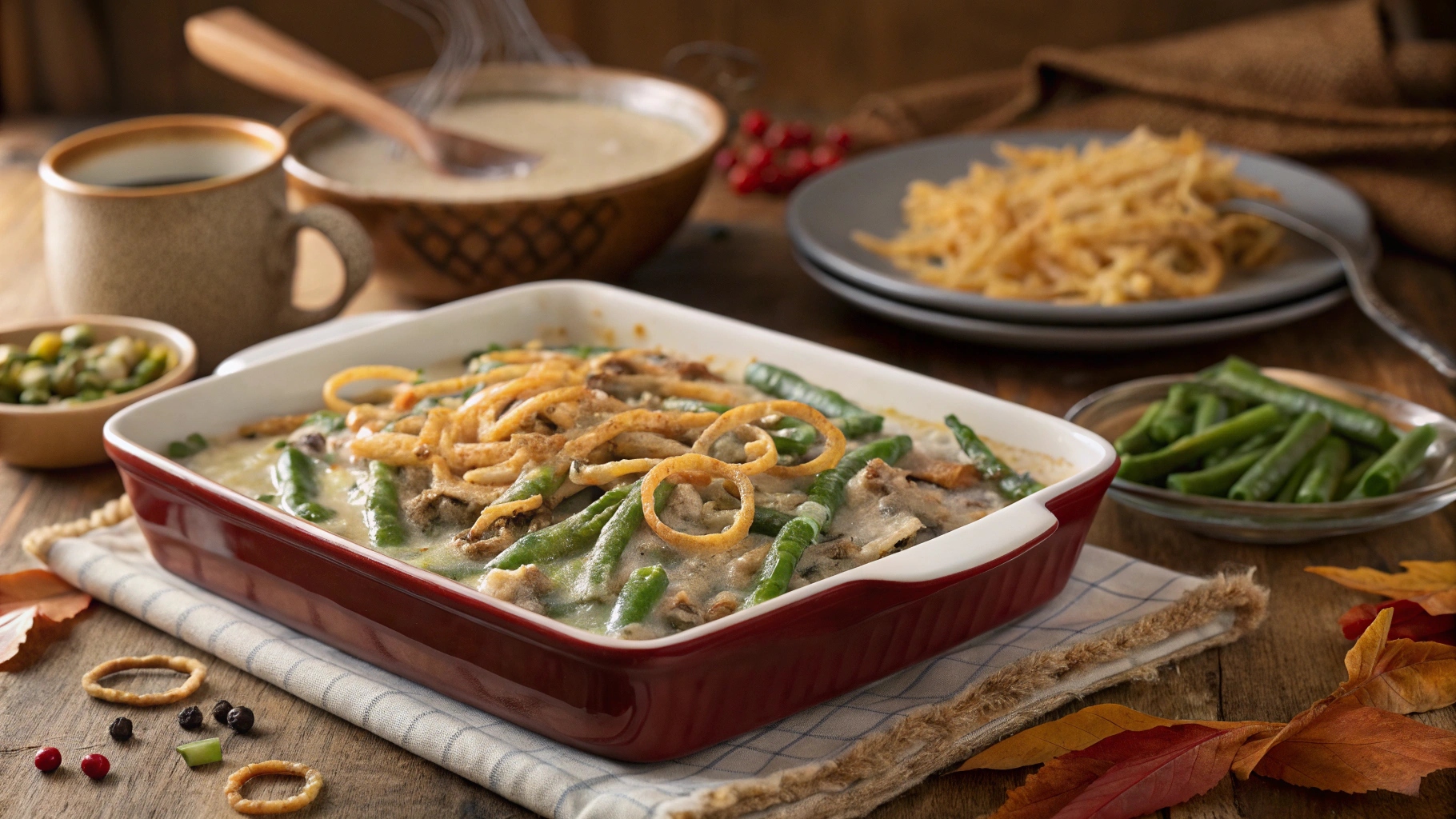 Baking dish filled with green bean casserole topped with crispy onions and creamy mushroom sauce.