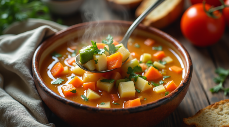 A warm, hearty bowl of homemade vegetable soup, filled with fresh carrots, potatoes, green beans, and tomatoes in a rich golden broth, garnished with fresh herbs. Served with a side of crusty bread for the perfect cozy meal.