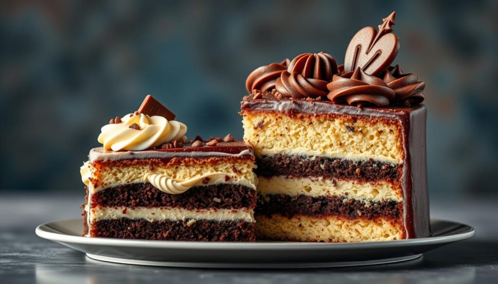 Generate an image of a Chocolate and Vanilla Half and Half Cake