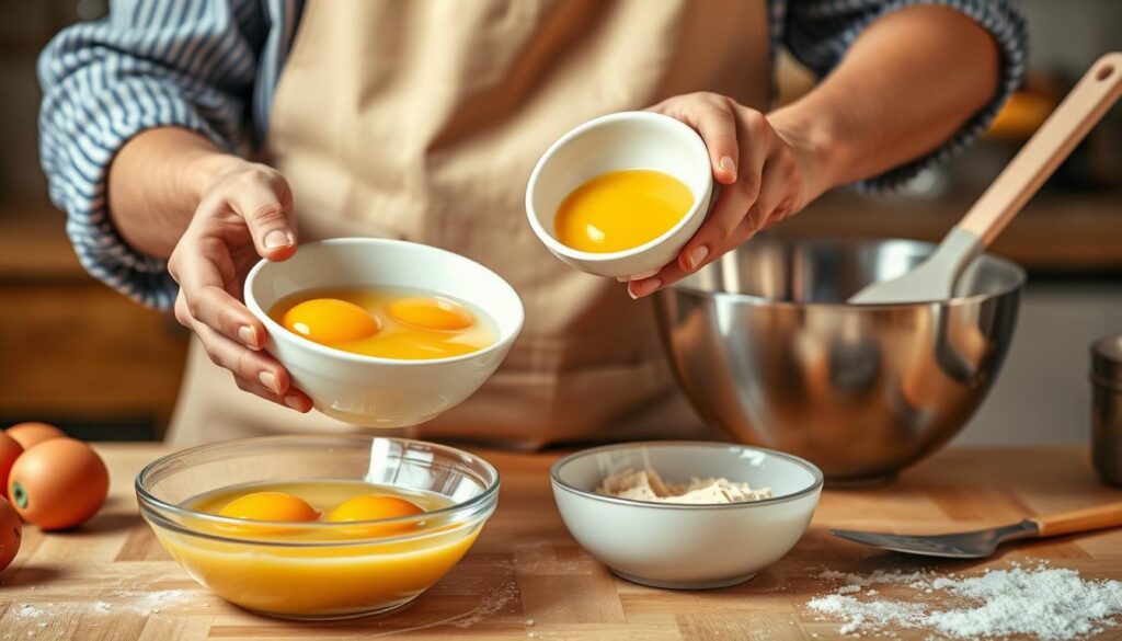 Generate an image of a baker separating eggs into two bowls, with a mixing bowl and spatula in the background.