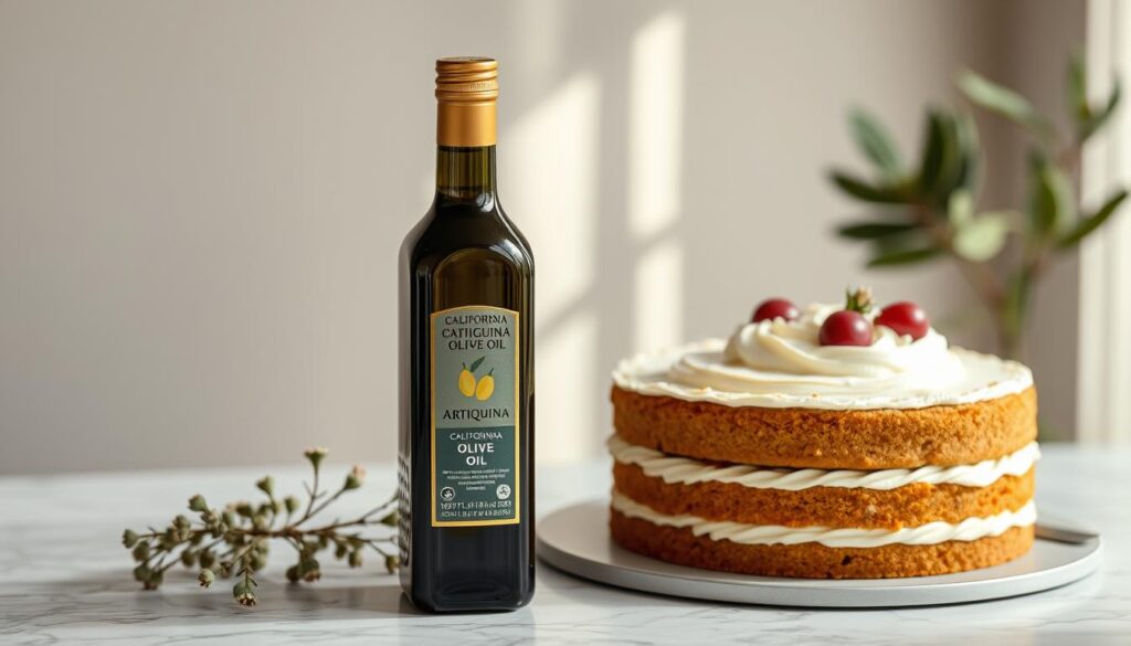 Generate an image of a bottle of California Arbequina olive oil next to a cake. Generate an image of a bottle of California Arbequina olive oil next to a cake.