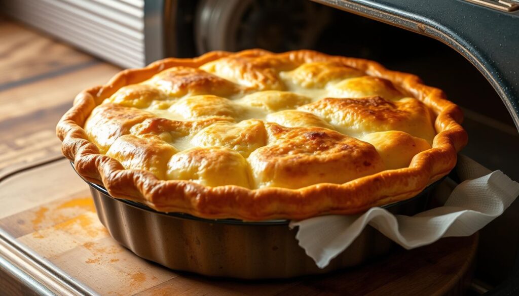 Generate an image of a classic double-crust potato pie fresh out of the oven. Generate an image of a classic double-crust potato pie fresh out of the oven.