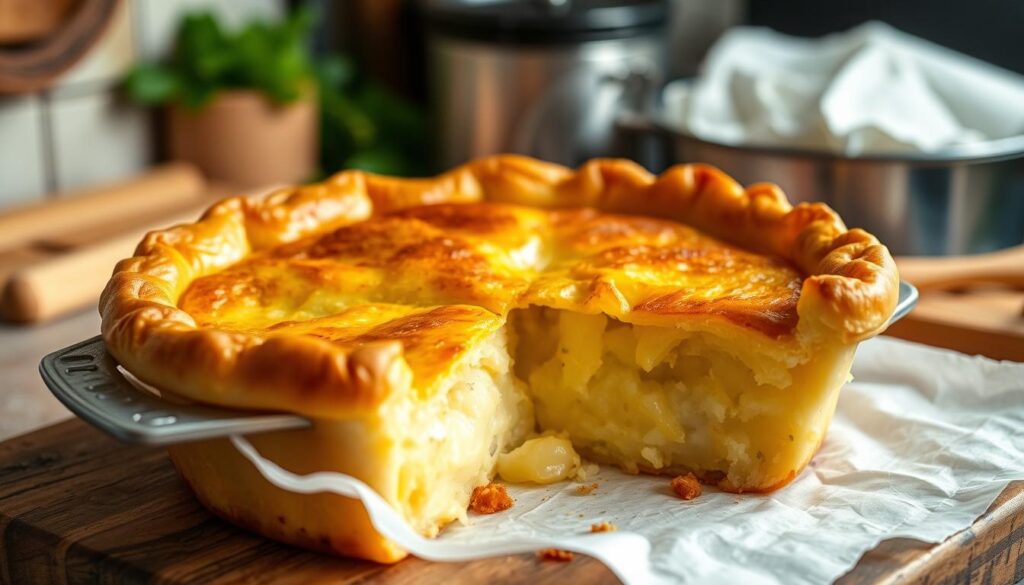 Generate an image of a delicious Italian-Style Potato Pie fresh out of the oven. Generate an image of a delicious Italian-Style Potato Pie fresh out of the oven.