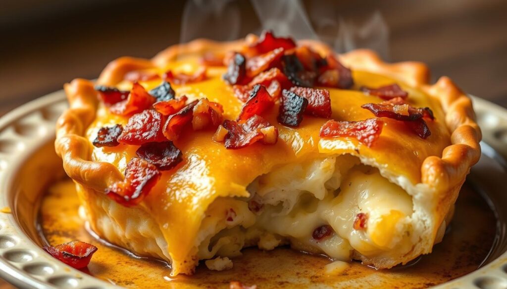 Generate an image of a golden-brown Loaded Bacon and Cheese Potato Pie fresh out of the oven. Generate an image of a golden-brown Loaded Bacon and Cheese Potato Pie fresh out of the oven.