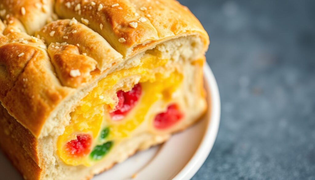 Generate an image of a half bread half cake dessert made using a cake mix.