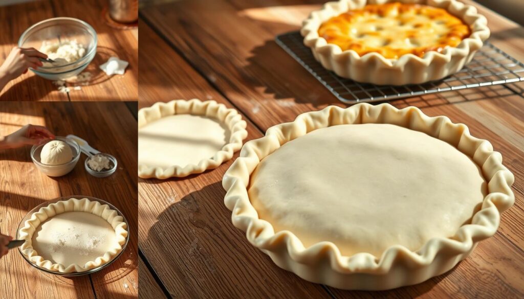 High-resolution, photorealistic image of a step-by-step guide to making the perfect homemade pie crust for pot pies. The image is set on a rustic wooden table, with natural lighting casting soft shadows. In the foreground, a series of carefully composed steps show the process of mixing the dough, rolling it out, and transferring it to a pie dish. The middle ground features a close-up of the dough being crimped and fluted around the edges. In the background, a baked pot pie with a golden, flaky crust rests on a cooling rack. The image conveys a warm, inviting atmosphere, highlighting the artisanal nature of homemade pie crust. High-resolution, photorealistic image of a step-by-step guide to making the perfect homemade pie crust for pot pies. The image is set on a rustic wooden table, with natural lighting casting soft shadows. In the foreground, a series of carefully composed steps show the process of mixing the dough, rolling it out, and transferring it to a pie dish. The middle ground features a close-up of the dough being crimped and fluted around the edges. In the background, a baked pot pie with a golden, flaky crust rests on a cooling rack. The image conveys a warm, inviting atmosphere, highlighting the artisanal nature of homemade pie crust.