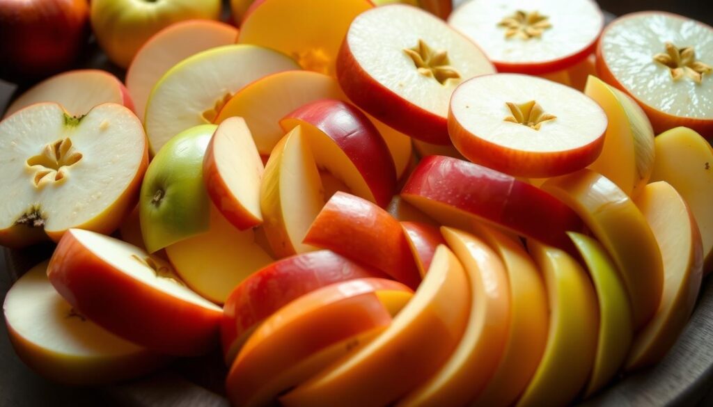 Image of a mix of apple varieties, including Granny Smith and Honeycrisp, sliced and ready for an apple pie filling.