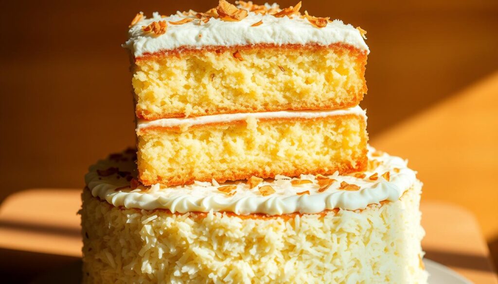 a high-resolution, detailed image of three moist, fluffy layers of coconut cake, stacked on top of each other, creating a towering, decadent dessert. The cake layers have a soft, golden-brown exterior and are coated in a thick, creamy white frosting. Toasted coconut flakes are generously sprinkled on top and along the sides, adding a delightful texture and flavor. The lighting is warm and natural, casting subtle shadows that accentuate the rich, inviting tones of the cake. The image is captured from an angled, three-quarter view, allowing the viewer to appreciate the depth and intricate layers of this beautifully crafted coconut cake. a high-resolution, detailed image of three moist, fluffy layers of coconut cake, stacked on top of each other, creating a towering, decadent dessert. The cake layers have a soft, golden-brown exterior and are coated in a thick, creamy white frosting. Toasted coconut flakes are generously sprinkled on top and along the sides, adding a delightful texture and flavor. The lighting is warm and natural, casting subtle shadows that accentuate the rich, inviting tones of the cake. The image is captured from an angled, three-quarter view, allowing the viewer to appreciate the depth and intricate layers of this beautifully crafted coconut cake.