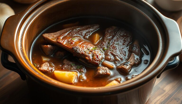 A plate of Tender Beef Ribs in the Crock Pot: Your Guide, served with herbs and sauce, showcasing a delicious slow-cooked meal.
