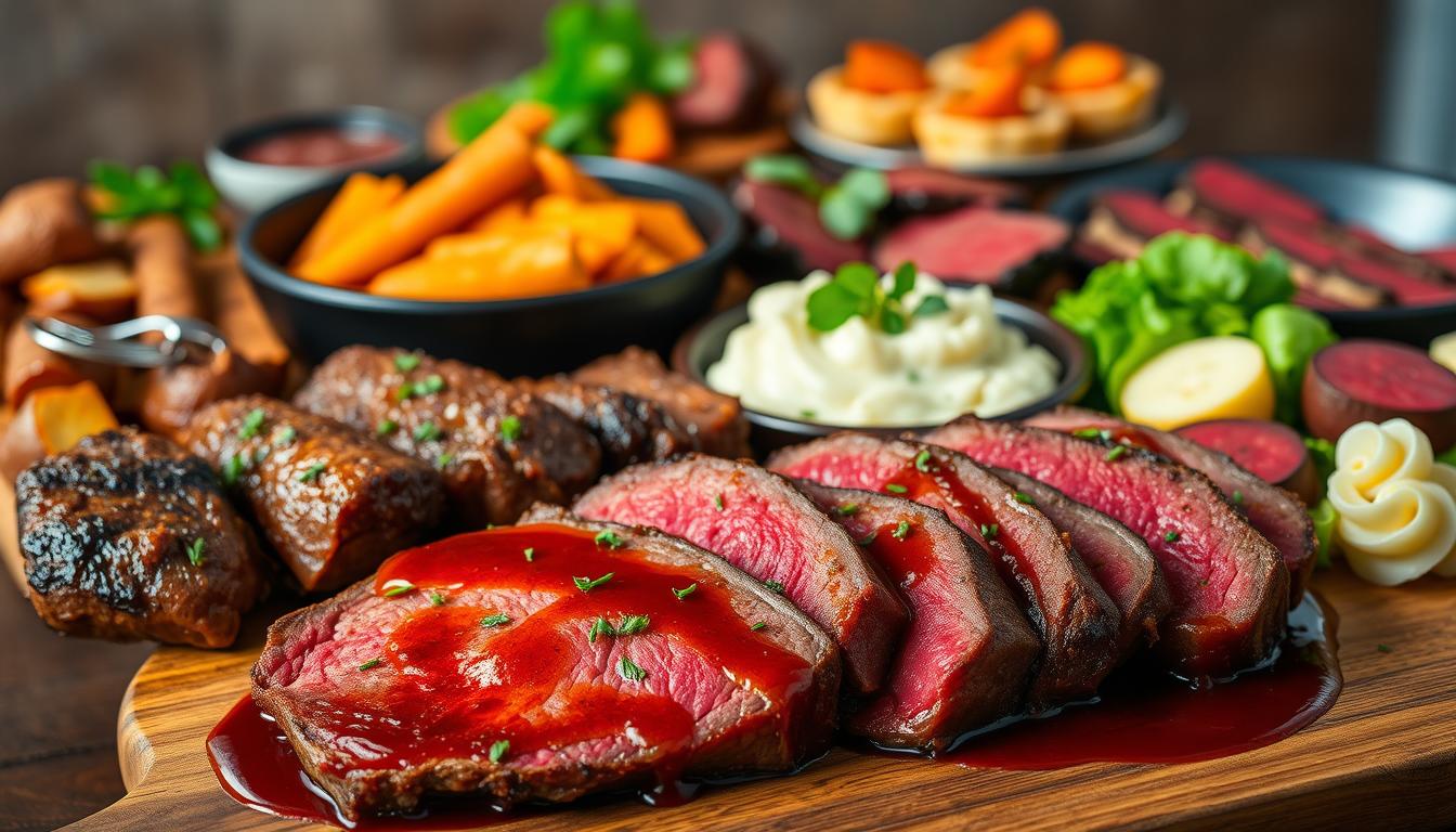 Grilled beef heart slices on a rustic wooden plate, garnished with chopped parsley and served with roasted vegetables and chimichurri sauce.